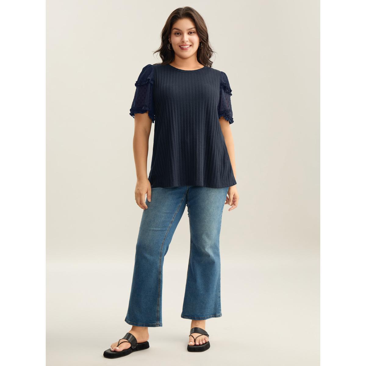 Plus Size Textured Pit Strip Layered Sleeve Sheer T-Shirt Indigo Women Texture Round Neck Everyday-Casual T-shirts BloomChic 30/6X Product Image