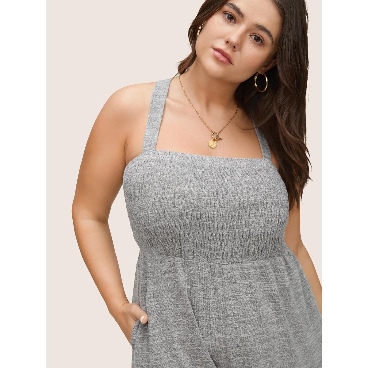 Plus Size DarkGray Plain Shirred Pocket Adjustable Straps Jumpsuit Women Casual Sleeveless Non Everyday Loose Jumpsuits BloomChic 14-16/1X Product Image