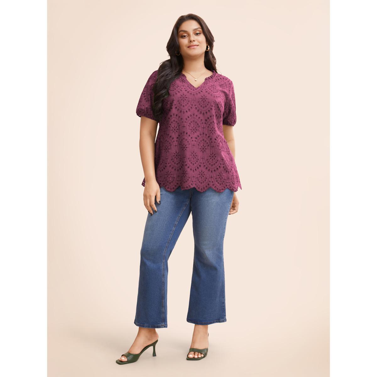 Plus Size RedViolet Notched Broderie Anglaise Frill Trim Blouse Women Elegant Short sleeve Notched collar Everyday Blouses BloomChic 18-20/2X Product Image