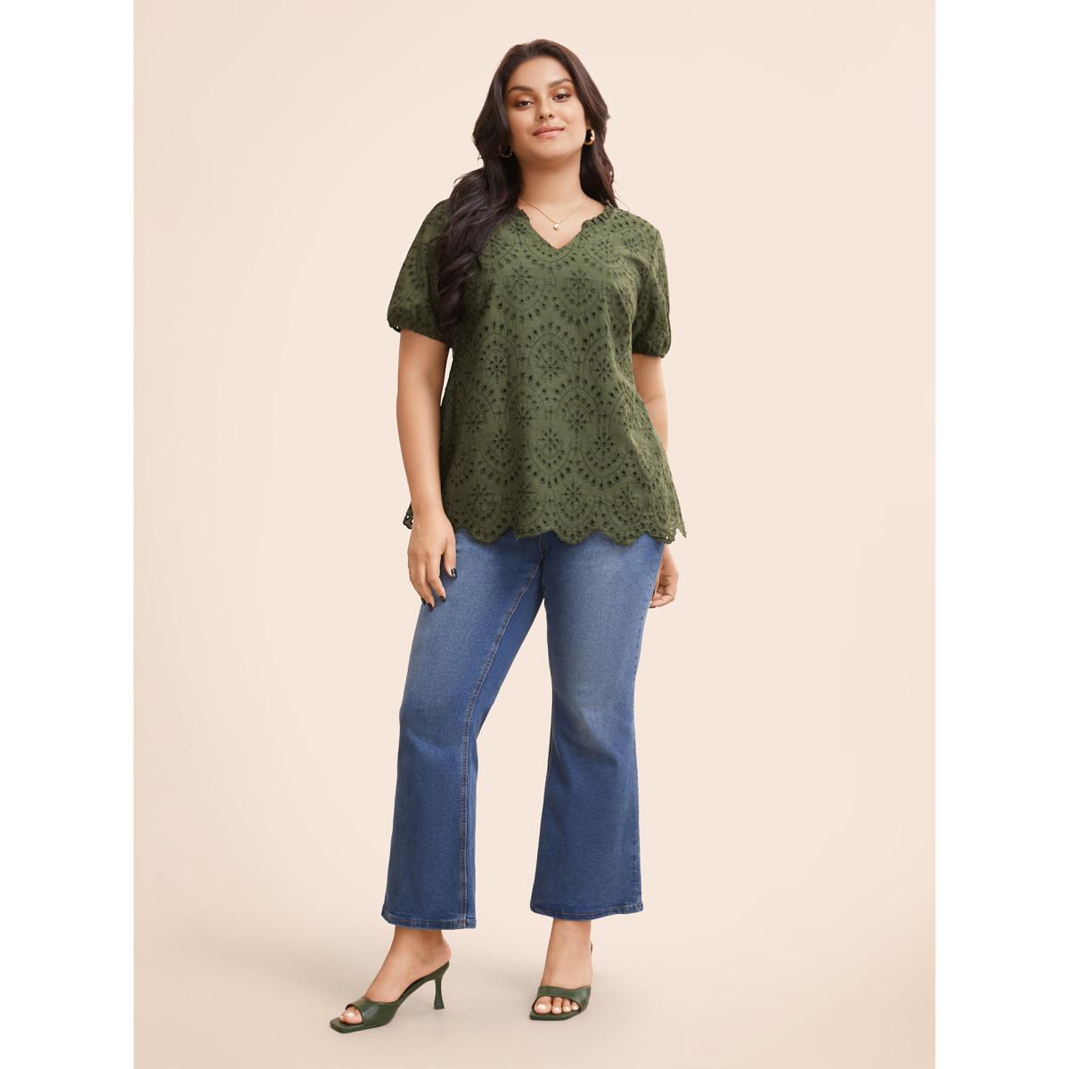 Plus Size ArmyGreen Notched Broderie Anglaise Frill Trim Blouse Women Elegant Short sleeve Notched collar Everyday Blouses BloomChic 14-16/1X Product Image
