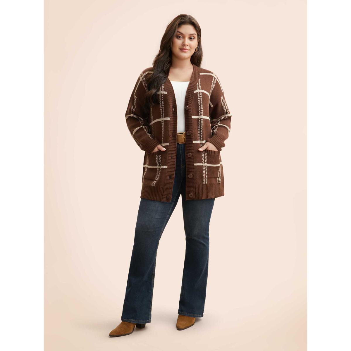 Plus Size Plaid Button Up Pocket Cardigan Browncoffeecolor Women Casual Loose Long Sleeve Everyday Cardigans BloomChic 26/4X Product Image