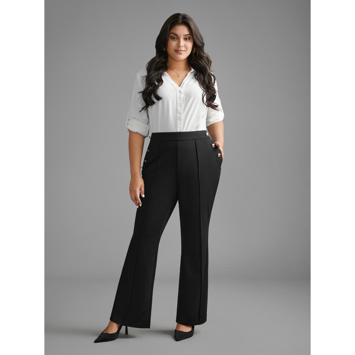Plus Size Stretchy Woven Button Detail Bootcut Pants Women Black At the Office Bootcut Mid Rise Work Pants BloomChic 18-20/2X Product Image