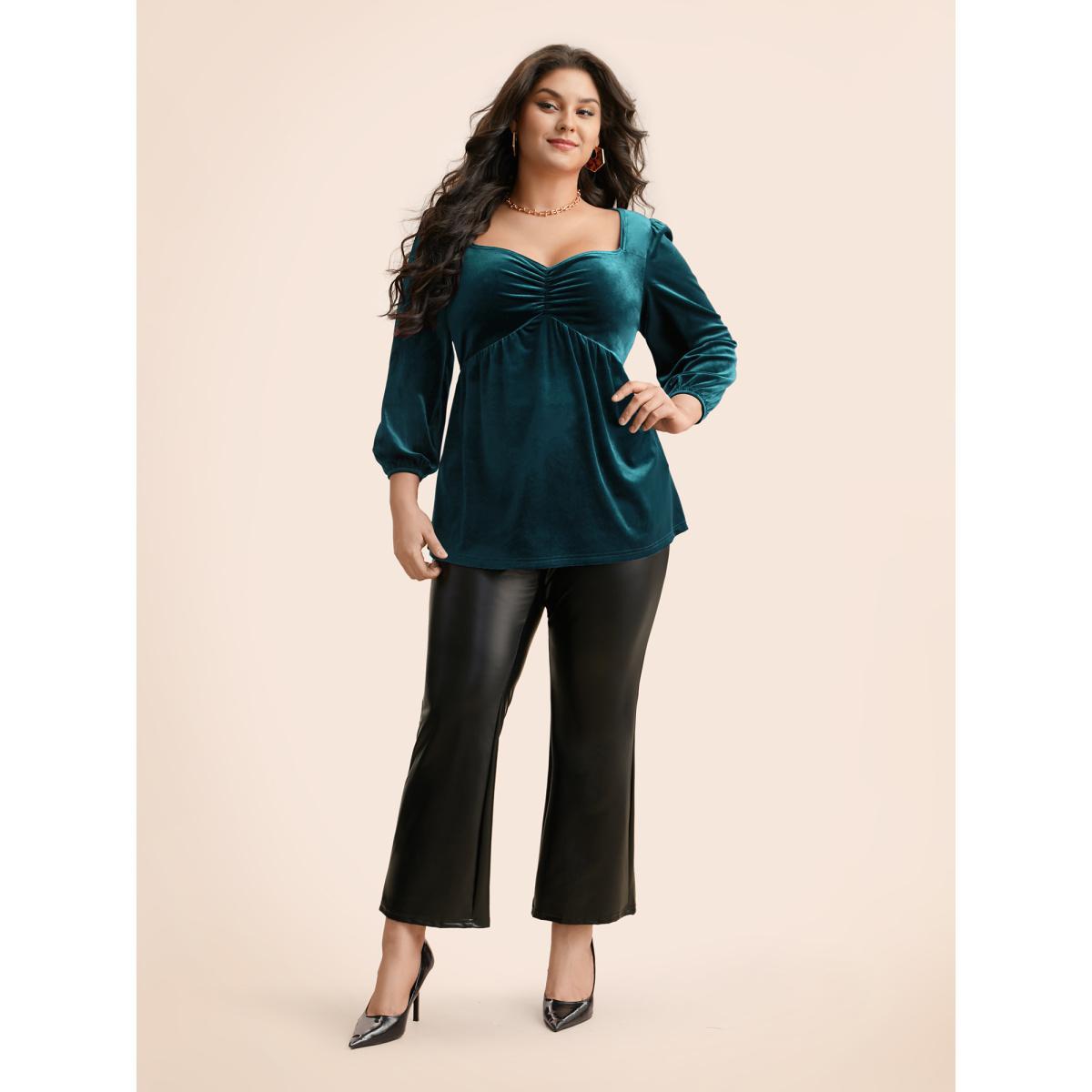 Plus Size Eggplant Velvet Heart Neckline Gathered Blouse Women Elegant Three Quater Length Sleeve Heart neckline Everyday Blouses BloomChic 12/L Product Image