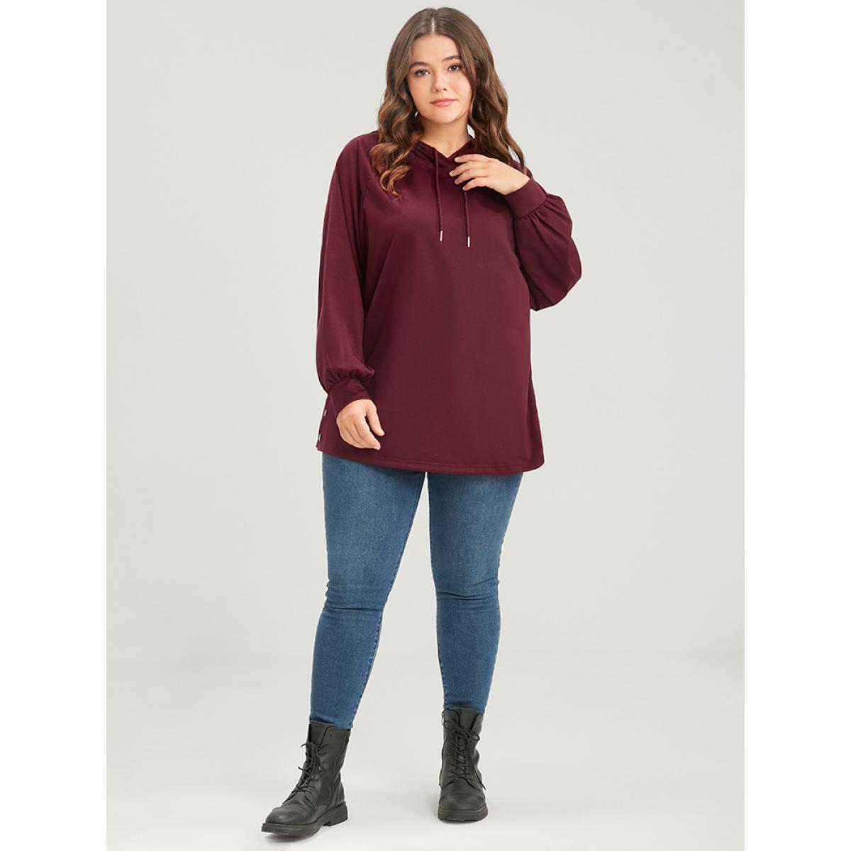 Plus Size Solid Button Side Drop Shoulder Hooded Sweatshirt Women Scarlet Casual Button Hooded Dailywear Sweatshirts BloomChic 10/M Product Image