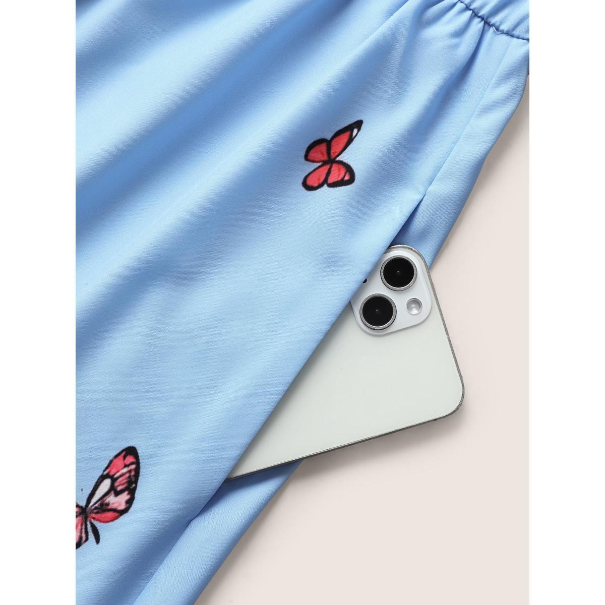 Plus Size Butterfly Print Wrap Gathered Tank Dress LightBlue Women Elegant Gathered Overlap Collar Sleeveless Curvy BloomChic 14-16/1X Product Image