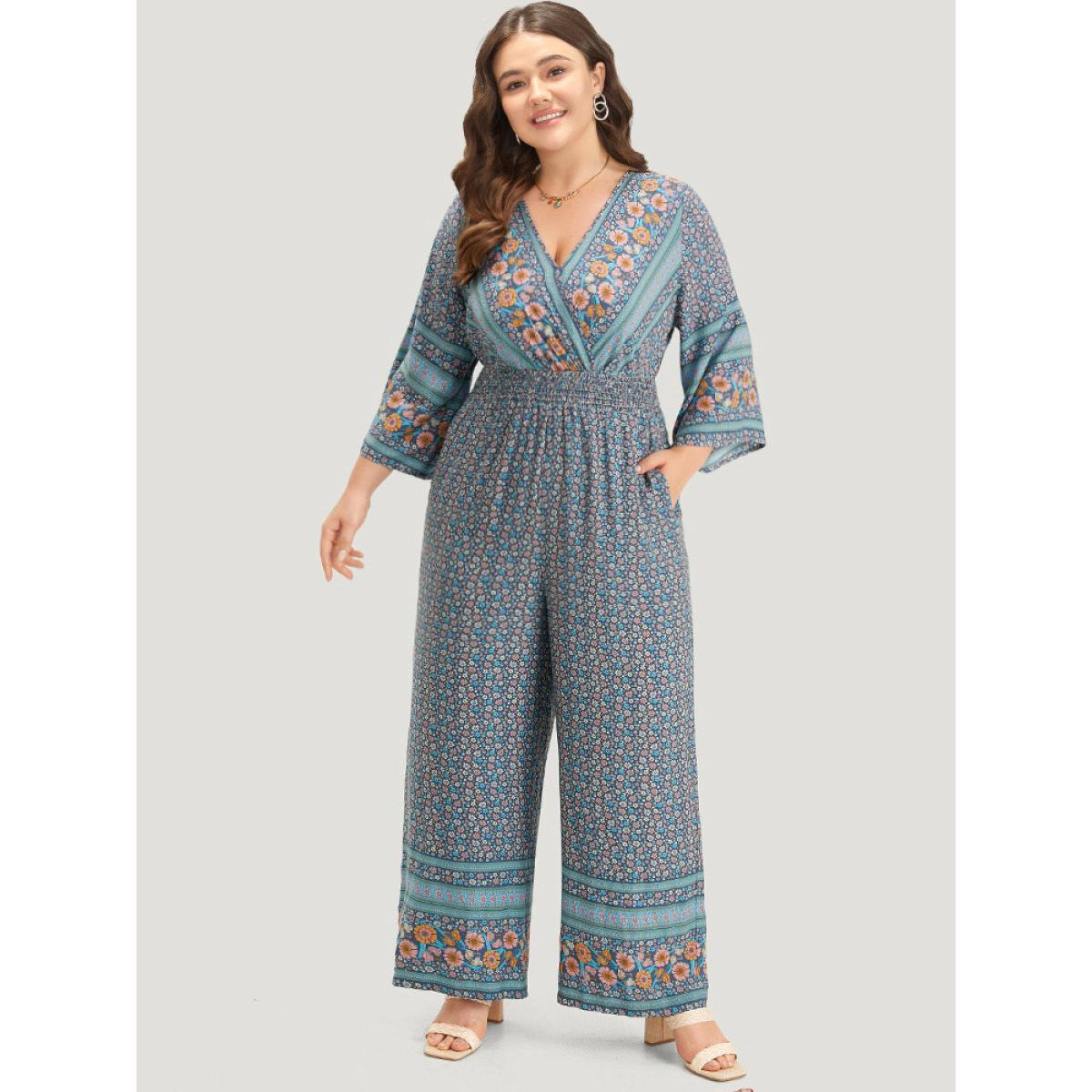 Plus Size Blue Floral Print Shirred Overlap Collar Jumpsuit Women Resort Elbow-length sleeve V-neck Vacation Loose Jumpsuits BloomChic 18-20/2X Product Image