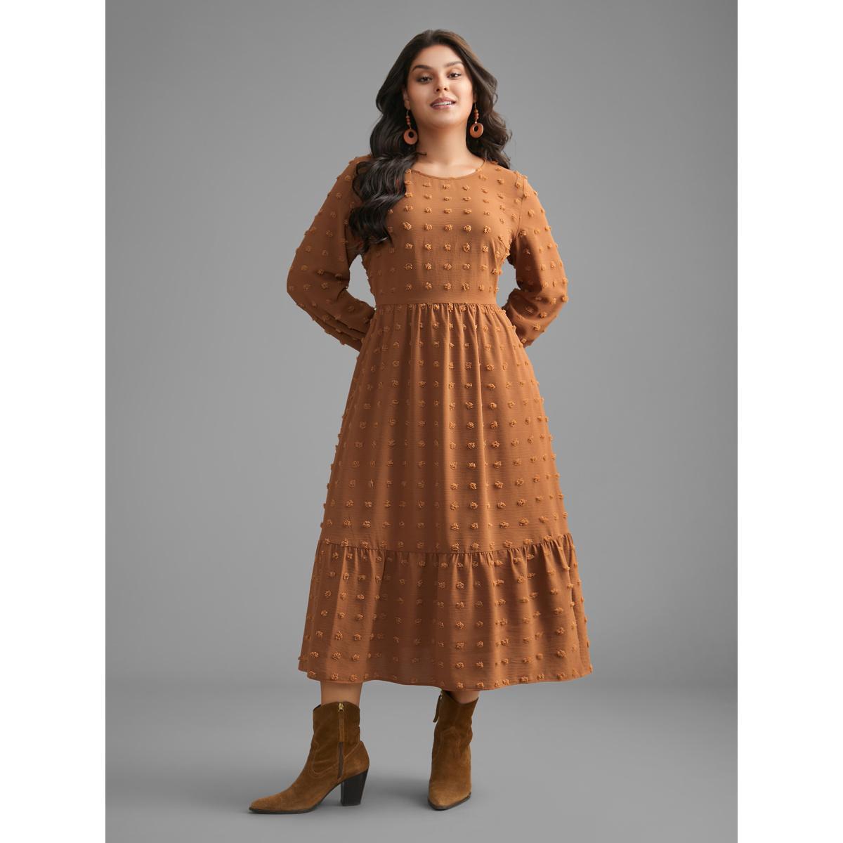 Plus Size Plain Textured Crew Neck Midi Dress Yellowishbrown Women Resort Texture Round Neck Long Sleeve Curvy BloomChic 18-20/2X Product Image