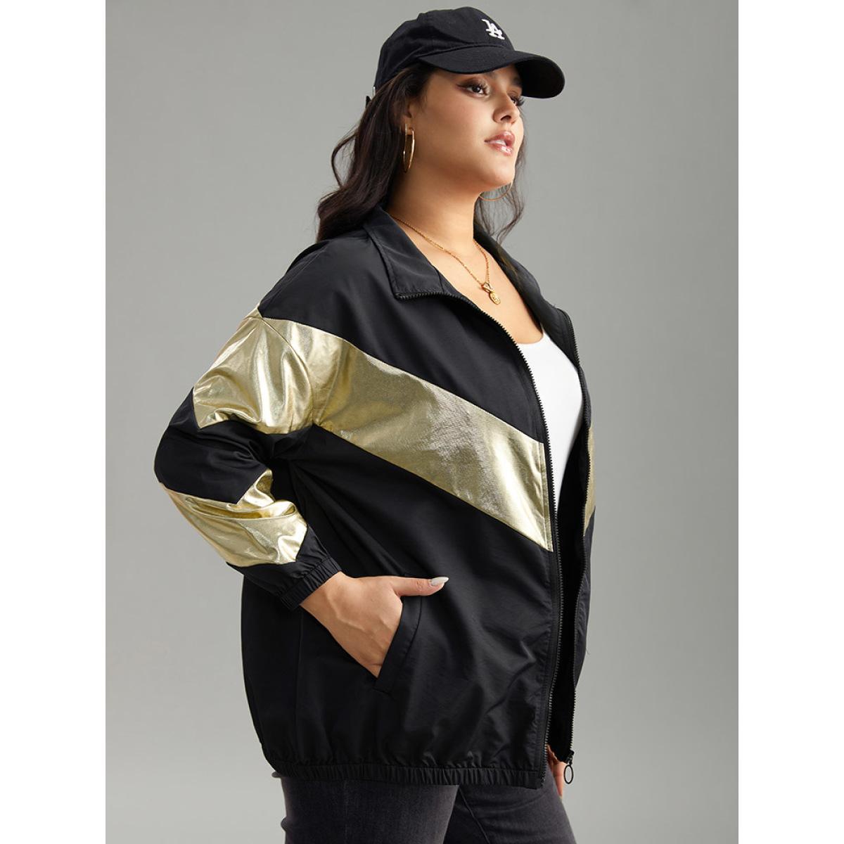 Plus Size Geometric Patchwork Contrast Zipper Jacket Women Black Elastic cuffs Pocket Dailywear Jackets BloomChic 10/M Product Image