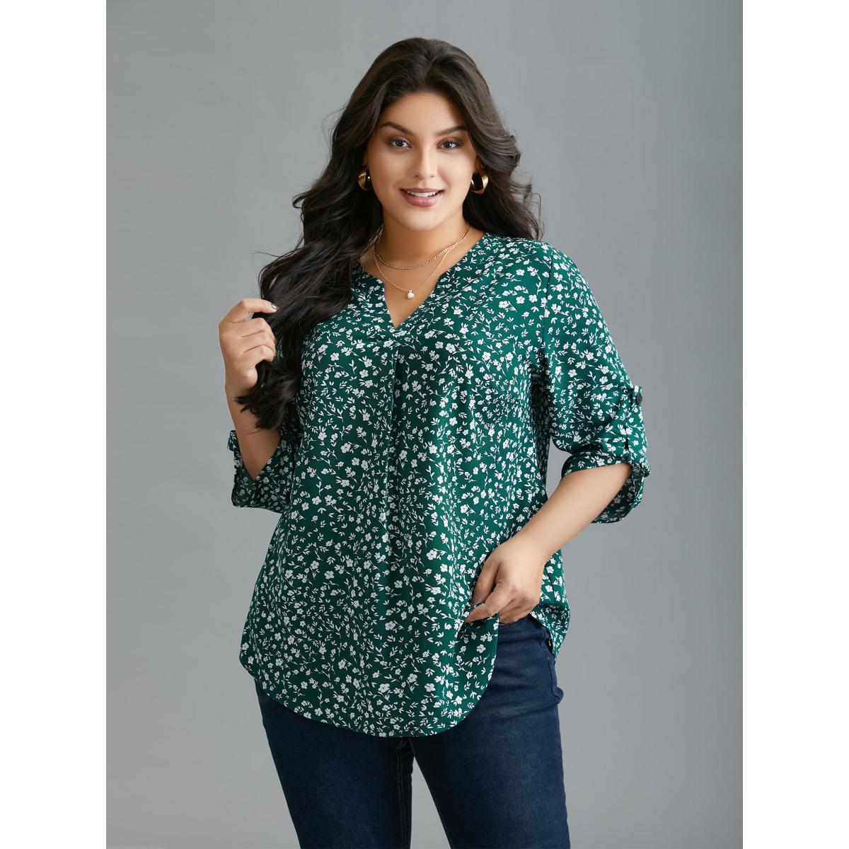 Plus Size DarkGreen Ditsy Floral Button Cuff Sleeve Pleated Blouse Women Elegant Long Sleeve Flat collar with V-notch Everyday Blouses BloomChic 14-16/1X Product Image