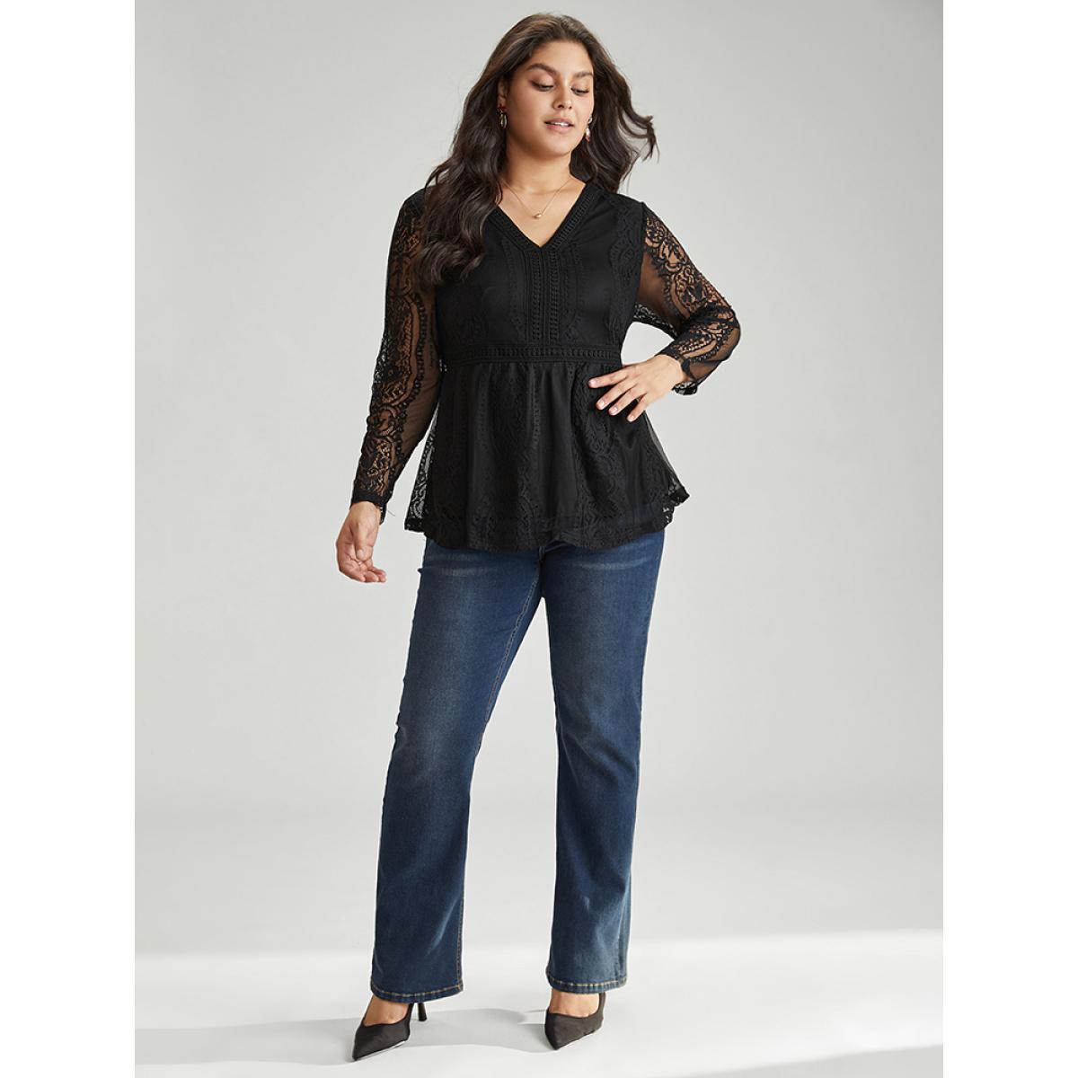 Plus Size Black Solid Guipure Lace Mesh Elastic Waist Blouse Women Elegant Long Sleeve V-neck Party Blouses BloomChic 28/5X Product Image