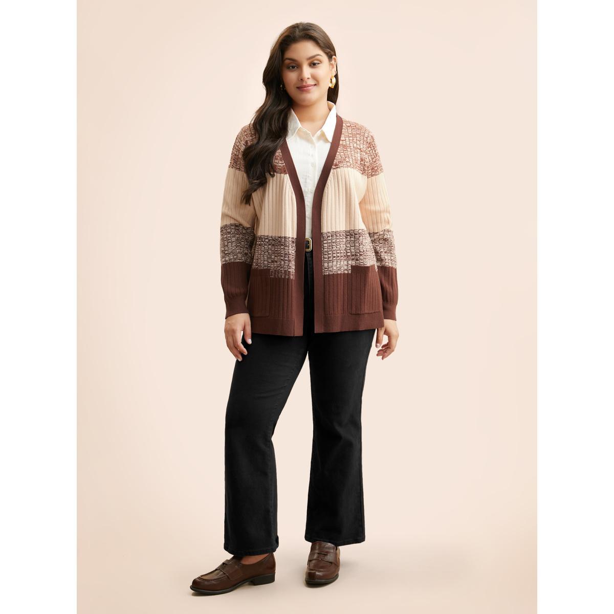 Plus Size Supersoft Essentials Textured Colorblock Contrast Cardigan Yellowishbrown Women Casual Loose Long Sleeve Everyday Cardigans BloomChic 10/M Product Image