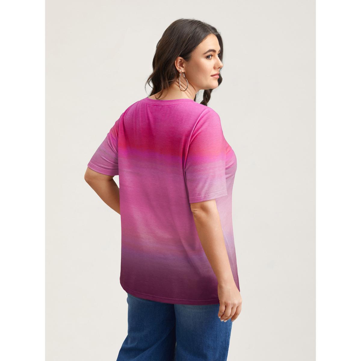 Plus Size Gradient Beach Print Fitted T-Shirt Plum Women Casual Contrast Tropical Round Neck Everyday T-shirts BloomChic 12/L Product Image
