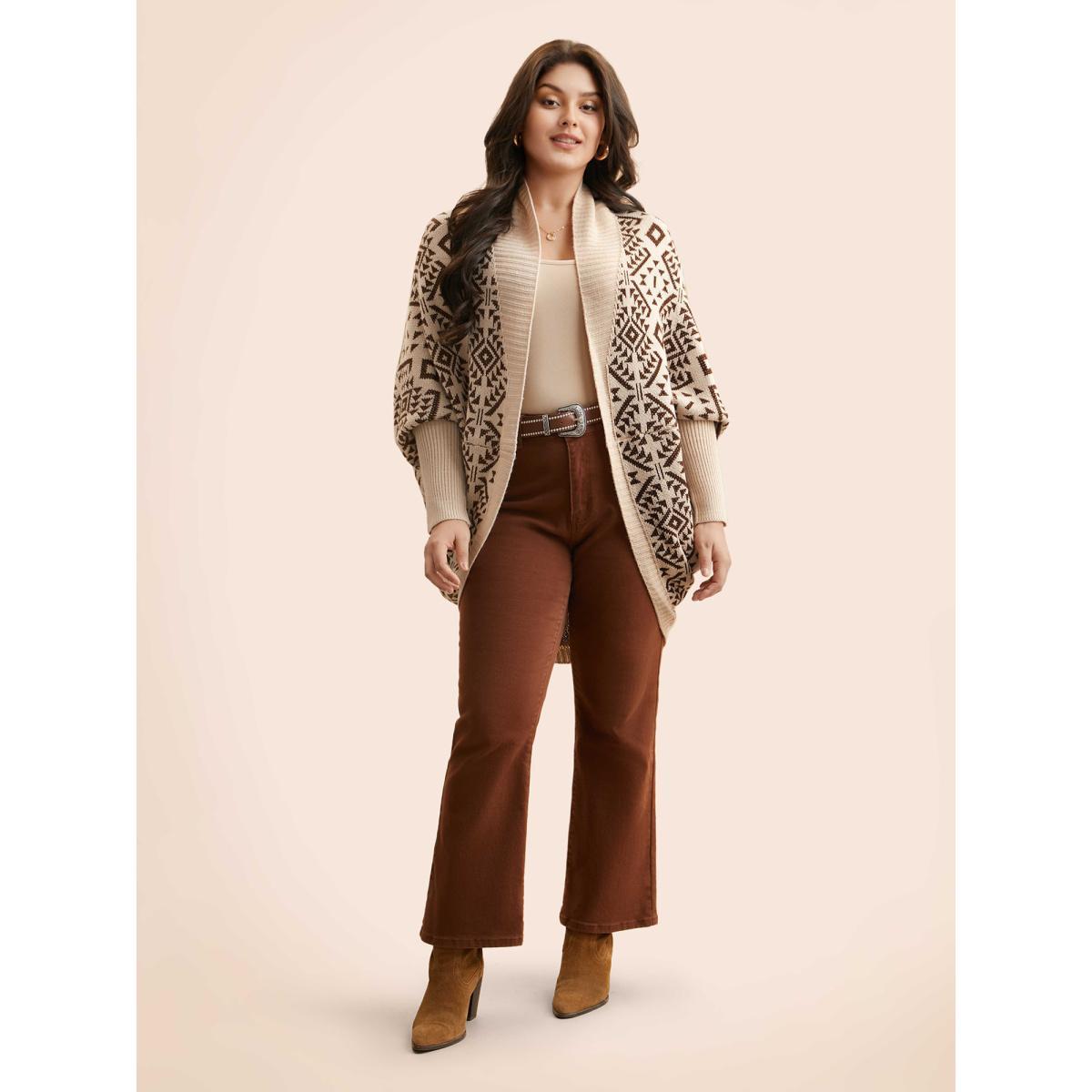 Plus Size Bandana Geometric Dolman Sleeve Cardigan DarkBrown Women Casual Loose Long Sleeve Everyday Cardigans BloomChic 26/4X Product Image