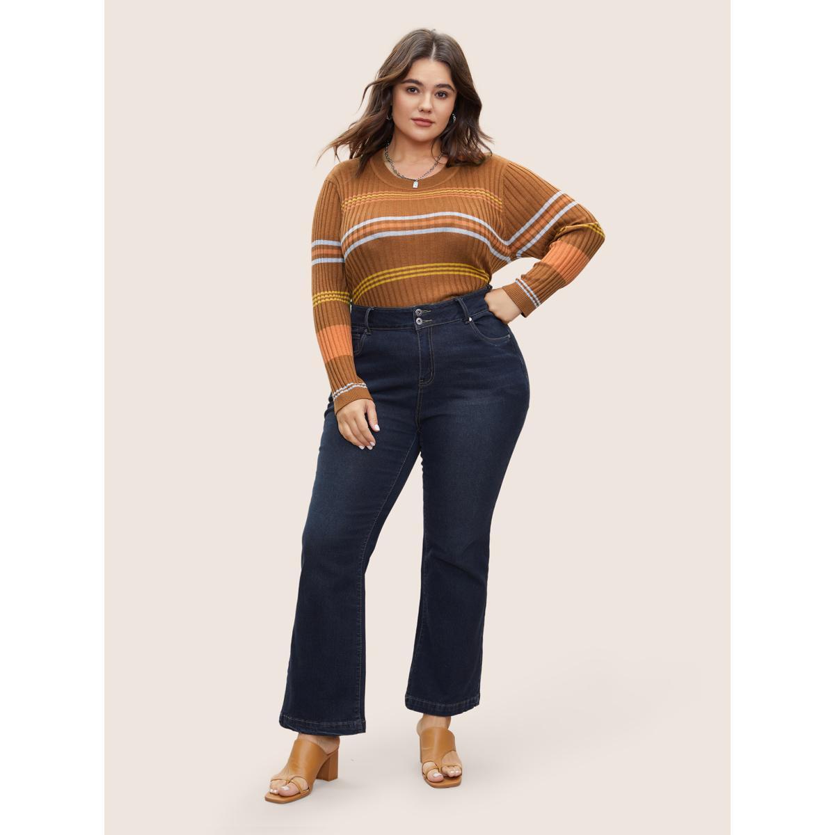 Plus Size Supersoft Essentials Contrast Striped Pullover Rust Women Casual Long Sleeve Round Neck Everyday Pullovers BloomChic 30/6X Product Image