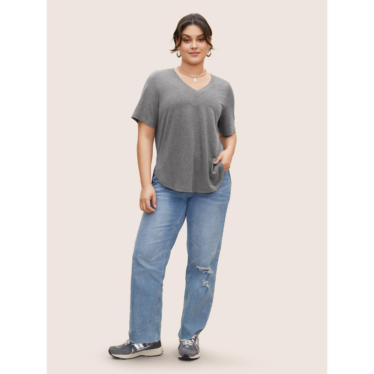 Plus Size Supersoft Essentials Solid V Neck Arc Hem T-shirt DimGray Women Basics Asymmetrical V-neck Everyday T-shirts BloomChic 26/4X Product Image