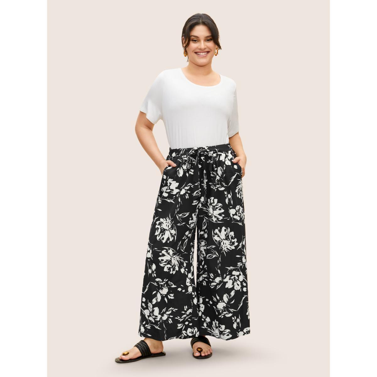 Plus Size Silhouette Floral Print Tie Knot Wide Leg Pants Women Black Casual Wide Leg Mid Rise Everyday Pants BloomChic 14-16/1X Product Image