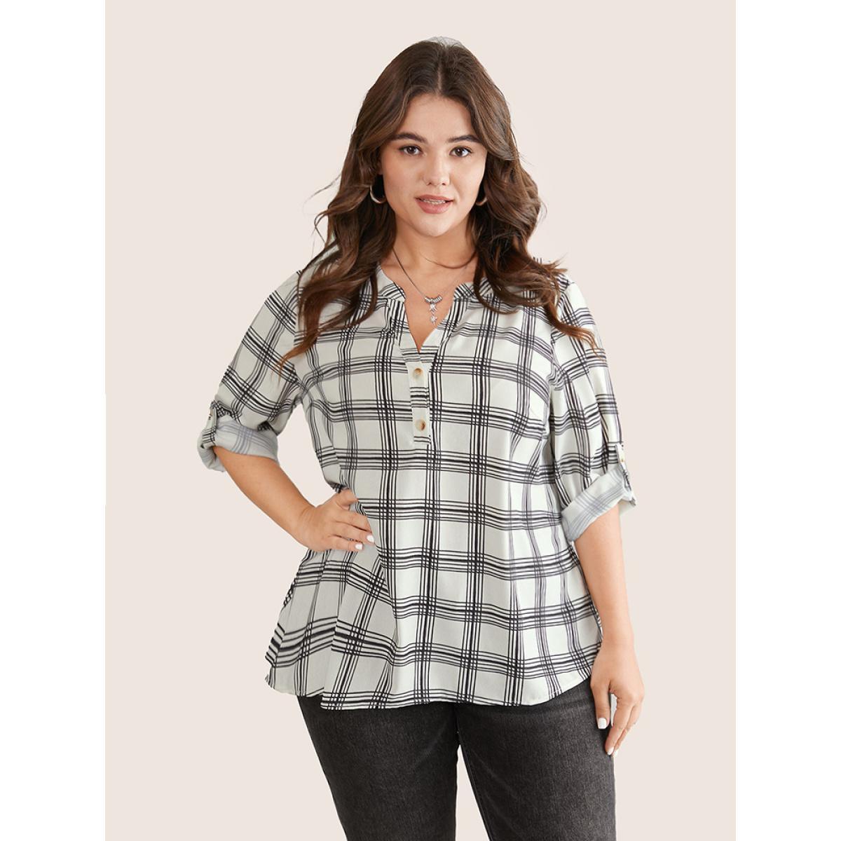 Plus Size Black Plaid Tab Sleeve Button Up Notched Blouse Women Office Long Sleeve Notched collar Work Blouses BloomChic 10/M Product Image