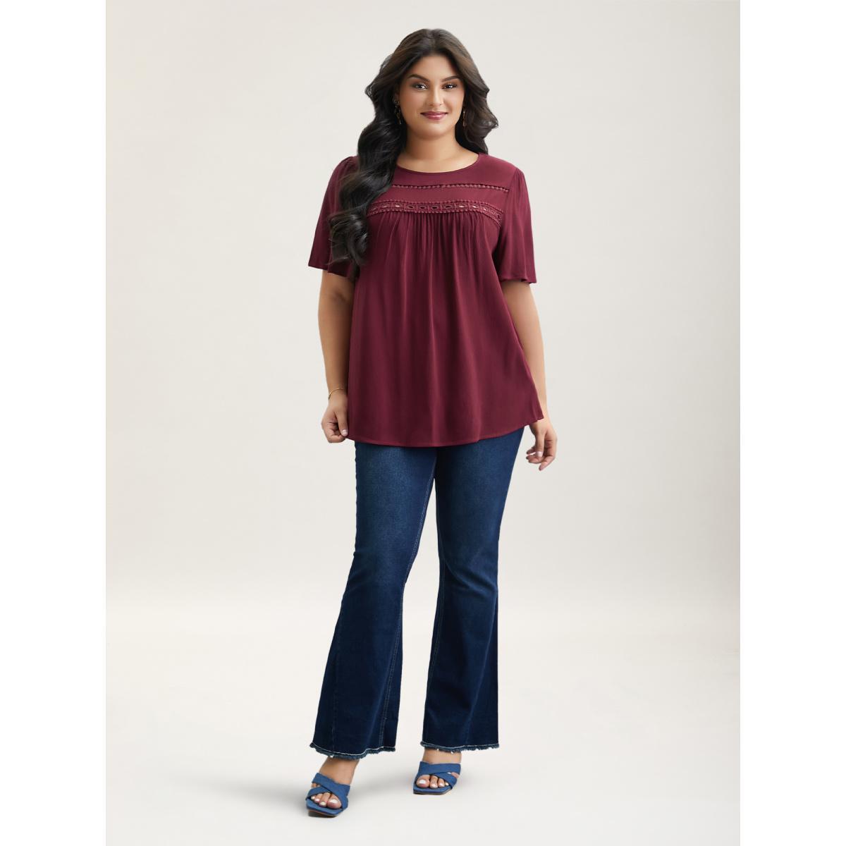 Plus Size Burgundy Lace Cut-Out Round Neck Pleated Shirt Women Elegant Short sleeve Round Neck Everyday Blouses BloomChic 22-24/3X Product Image