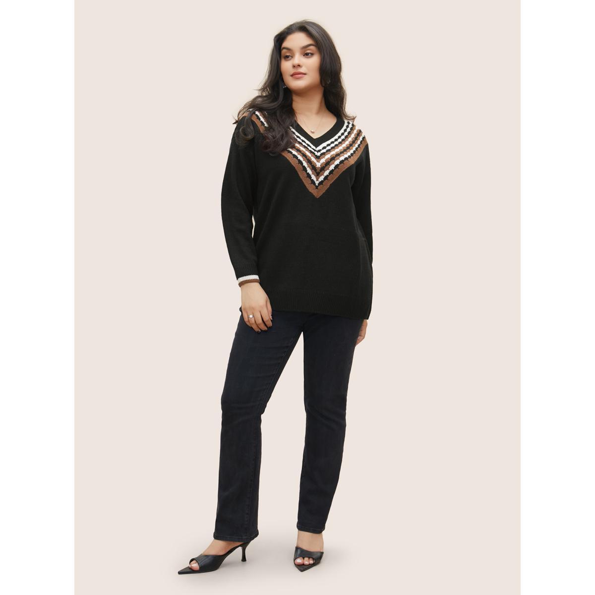 Plus Size V Contrast Striped Patchwork Knit Pullover Black Women Casual Loose Long Sleeve V-neck Dailywear Pullovers BloomChic 12/L Product Image