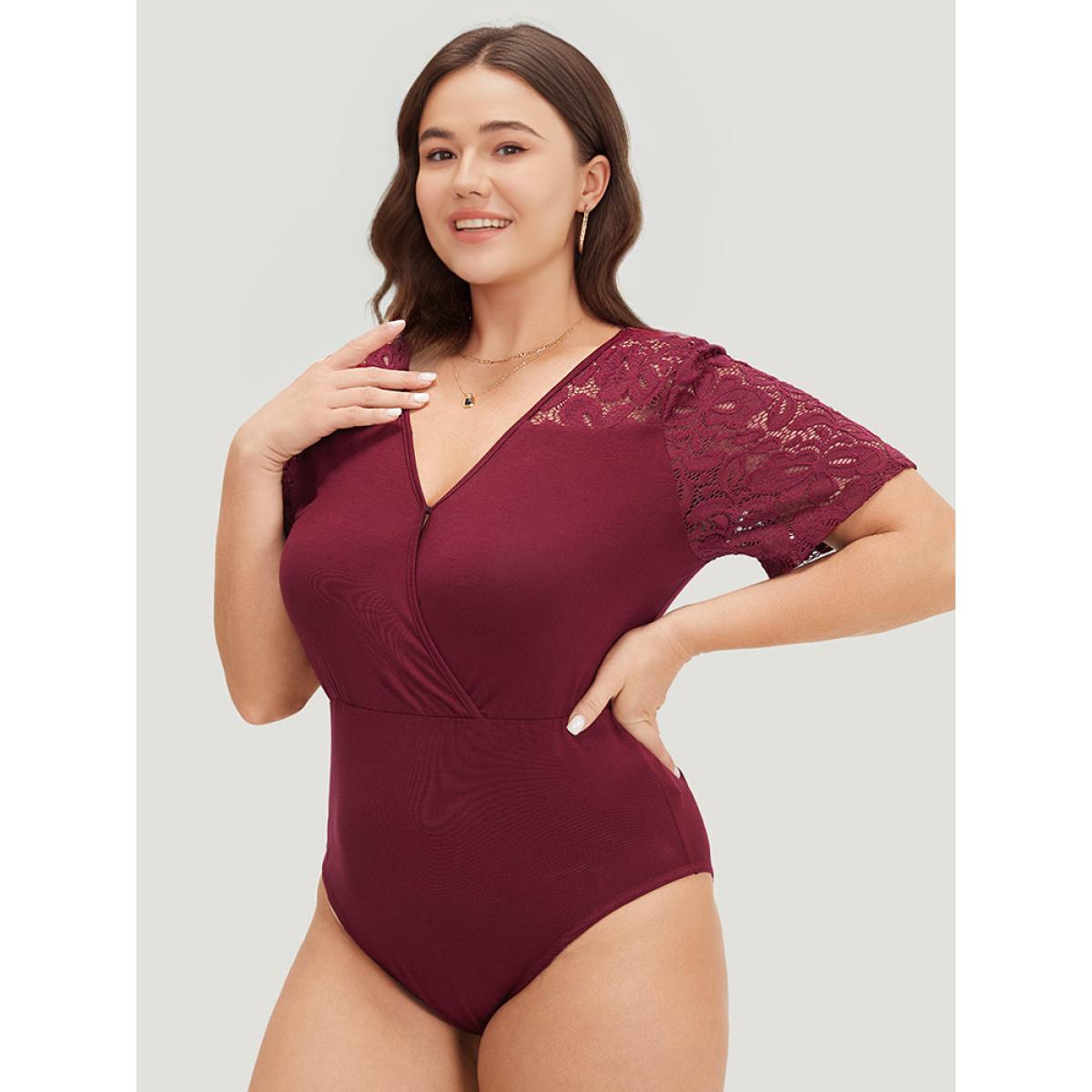 Plus Size Plain Crochet Lace Mesh Surplice Neck Bodysuit Women Burgundy Plain Wrap Bodysuits BloomChic 10/M Product Image
