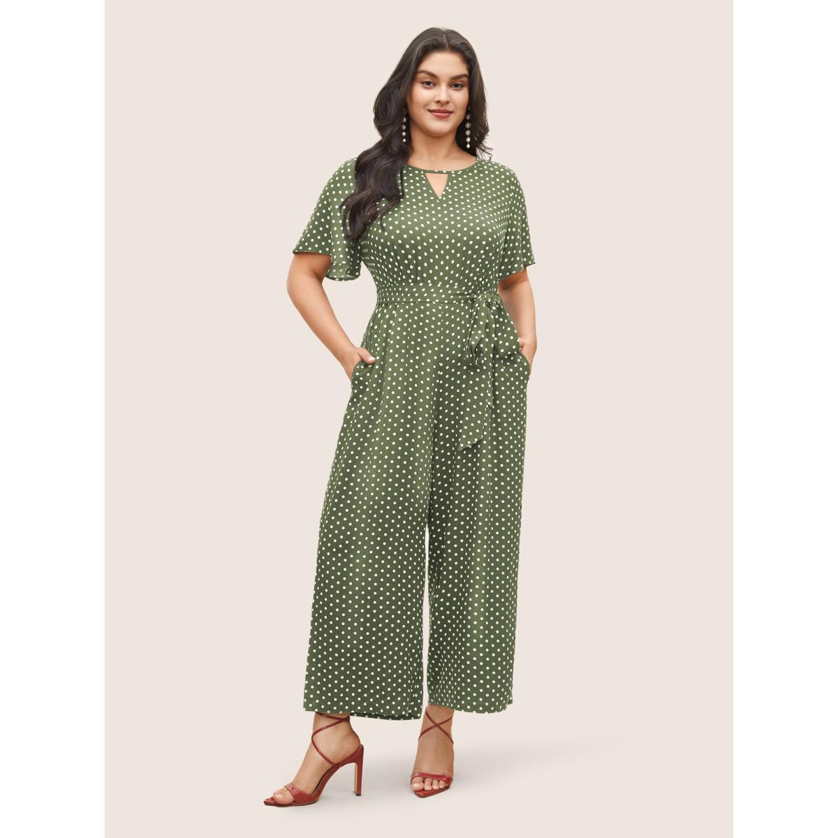 Plus Size Sage Polka Dot Cut Out Zipper Belted Jumpsuit Women Elegant Short sleeve Notched collar Everyday Loose Jumpsuits BloomChic 28/5X Product Image