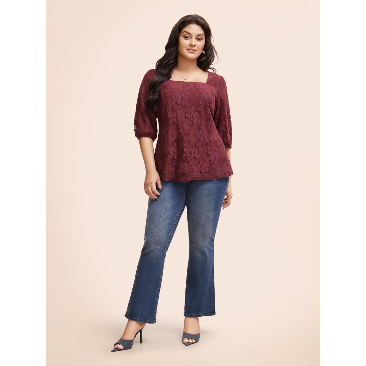 Plus Size Burgundy Square Neck Lace Panel Lantern Sleeve Blouse Women Elegant Elbow-length sleeve Square Neck Everyday Blouses BloomChic 10/M Product Image