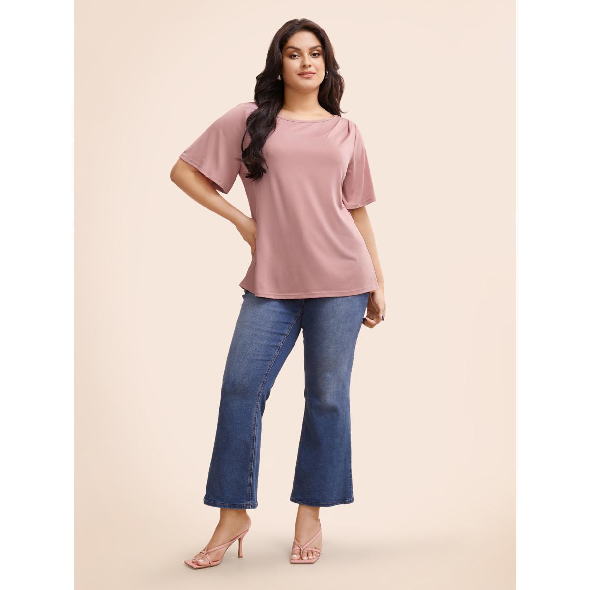 Plus Size Solid Round Neck Plicated Detail T-shirt Rouge Women Elegant Pleated Round Neck Everyday T-shirts BloomChic 30/6X Product Image