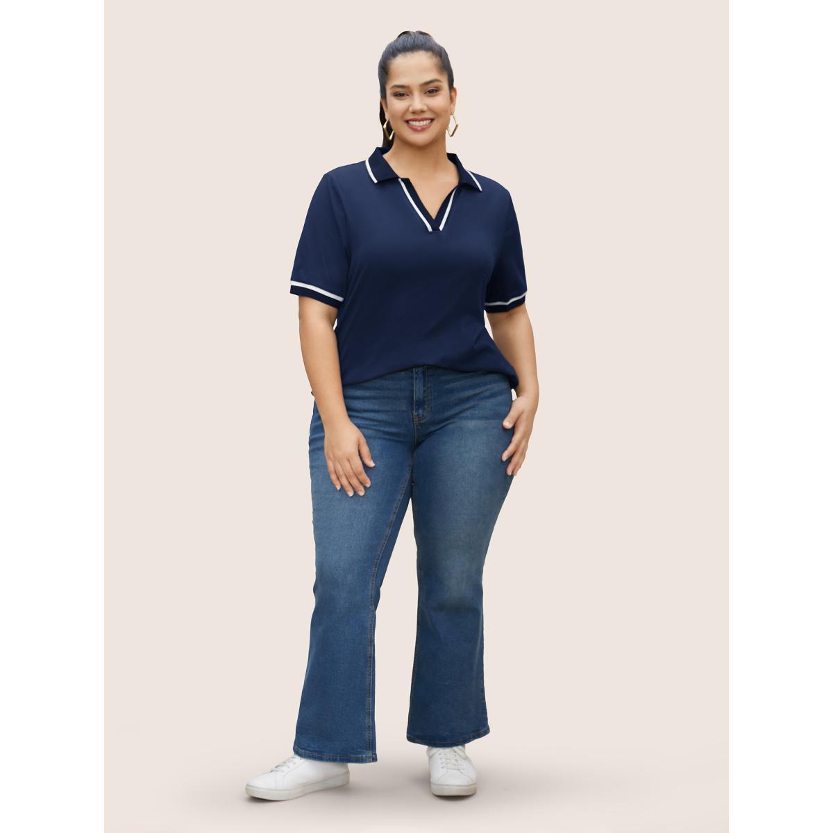 Plus Size Polo Neck Contrast Trim Short Sleeve T-shirt Indigo Women Casual Contrast Flat collar with V-notch Everyday T-shirts BloomChic 18-20/2X Product Image