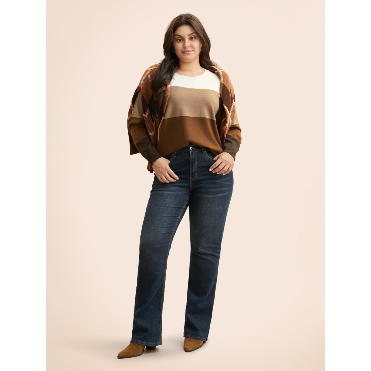 Plus Size Supersoft Essentials Colorblock Contrast Drop Shoulder Pullover Browncoffeecolor Women Casual Loose Long Sleeve Round Neck Everyday Pullovers BloomChic 22-24/3X Product Image