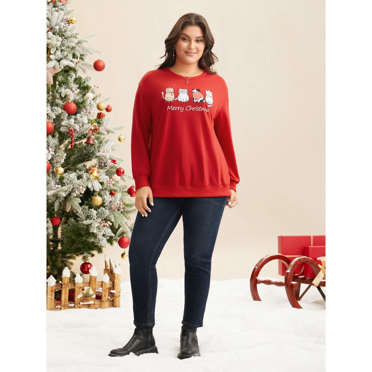 Plus Size Festive Cats Print Relaxed Fit Sweatshirt Women Brightred Casual Non Round Neck Everyday Sweatshirts BloomChic 14-16/1X Product Image