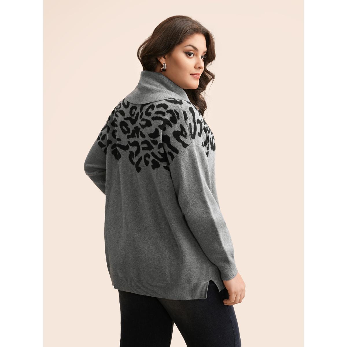 Plus Size Leopard Print Turtleneck Drop Shoulder Sleeve Pullover DarkGray Women Casual Long Sleeve Turtleneck Everyday Pullovers BloomChic 14-16/1X Product Image