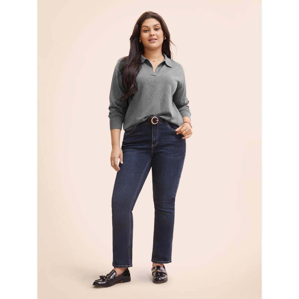 Plus Size Polo Neck Drop Shoulder Sleeve Soft Pullover DarkGray Women Casual Long Sleeve Polo Everyday Pullovers BloomChic 10/M Product Image