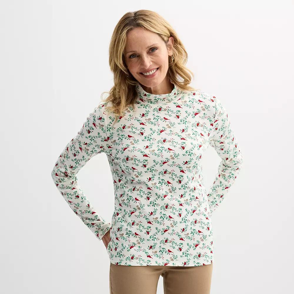 Women's Croft & Barrow® Essential Long-Sleeve Mockneck Top, Size: XXL, Ivory Nest Cardinals Product Image