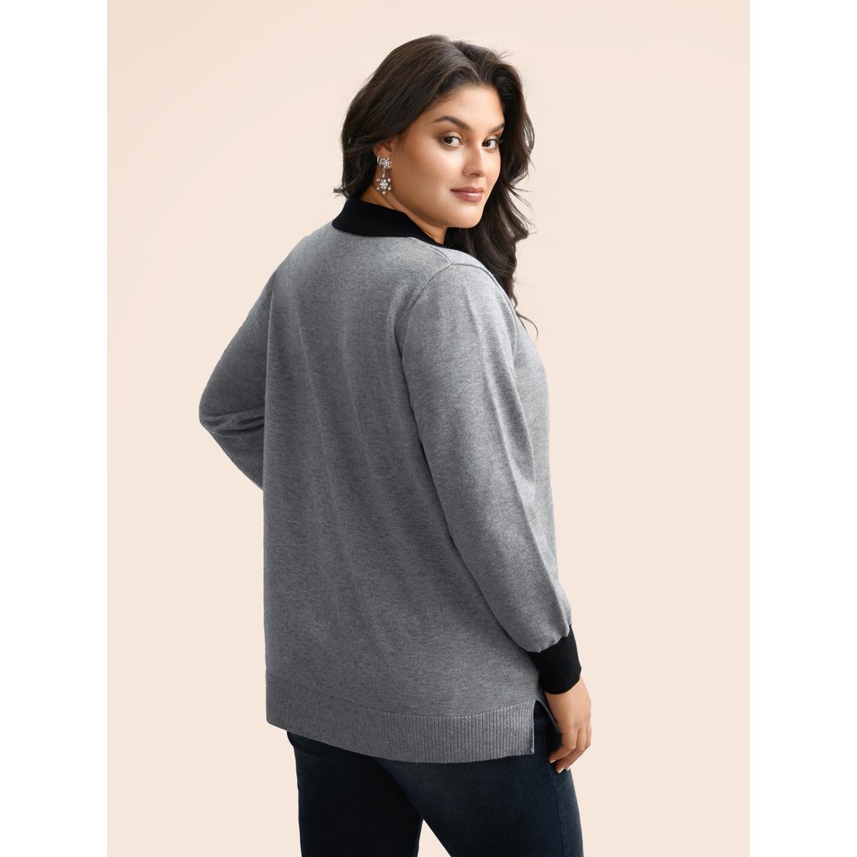 Plus Size Supersoft Essentials Contrast Polo Neck Button Up Pullover Mediumgray Women Casual Loose Long Sleeve Polo Everyday Pullovers BloomChic 18-20/2X Product Image