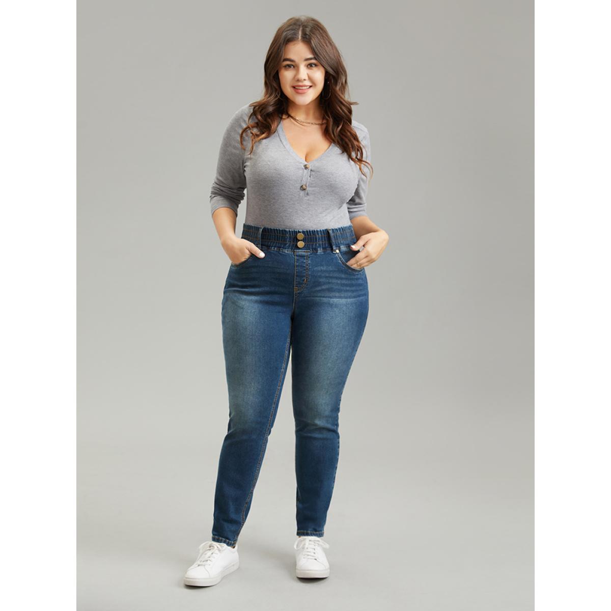 Plus Size Elastic Waist Button Detail Skinny Medium Wash Jeans Women Indigo Casual Plain Plain High stretch Pocket Jeans BloomChic 24/3X Product Image