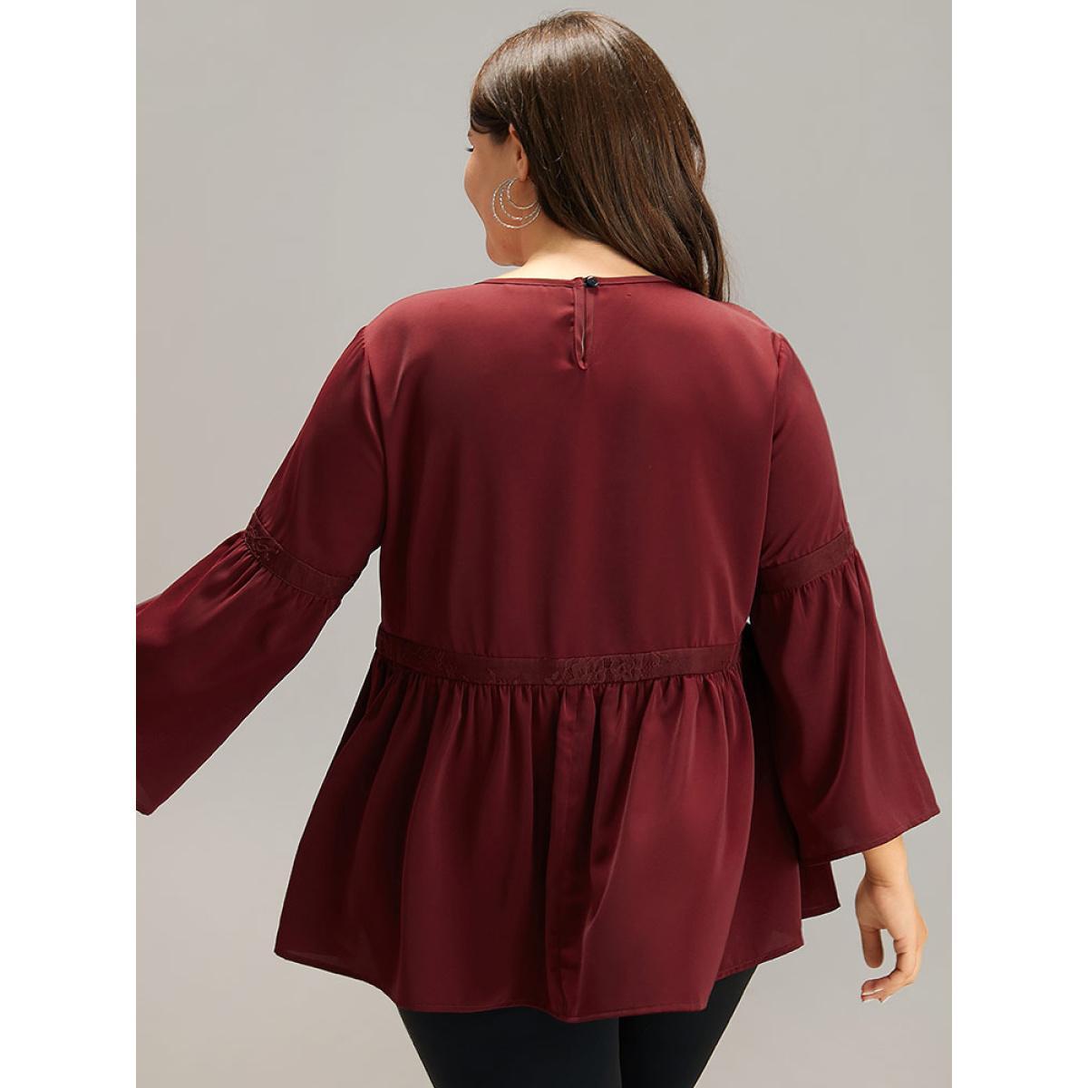Plus Size Burgundy Anti-Wrinkle Keyhole Crochet Lace Mesh Ruffles Blouse Women Elegant Long Sleeve Keyhole Cut-Out Dailywear Blouses BloomChic 30/6X Product Image