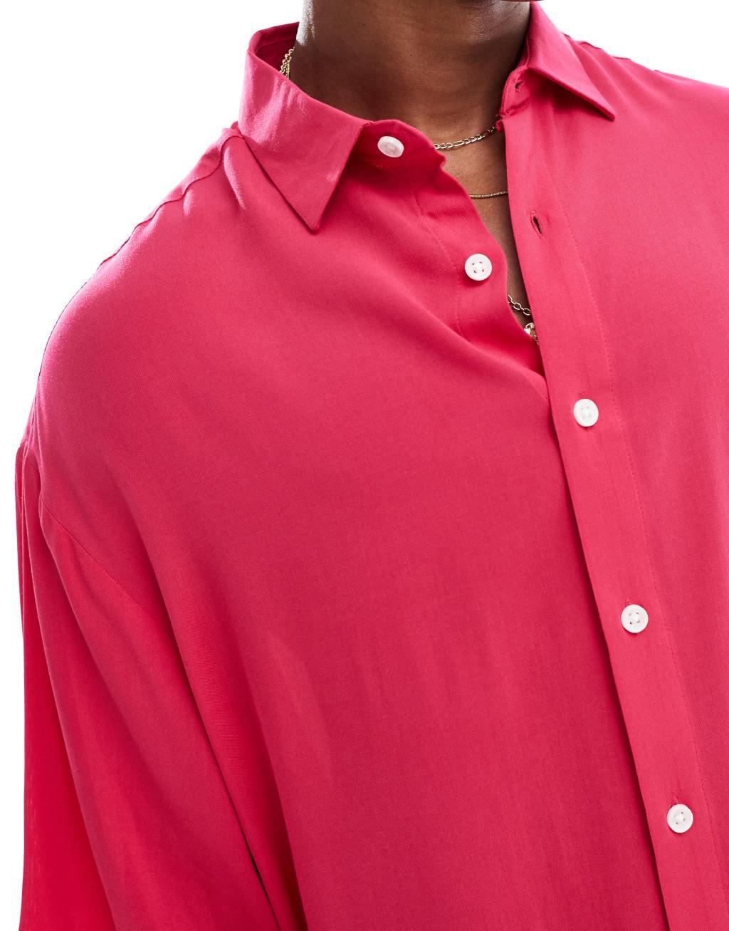 ASOS DESIGN oversized viscose shirt in bright pink Product Image