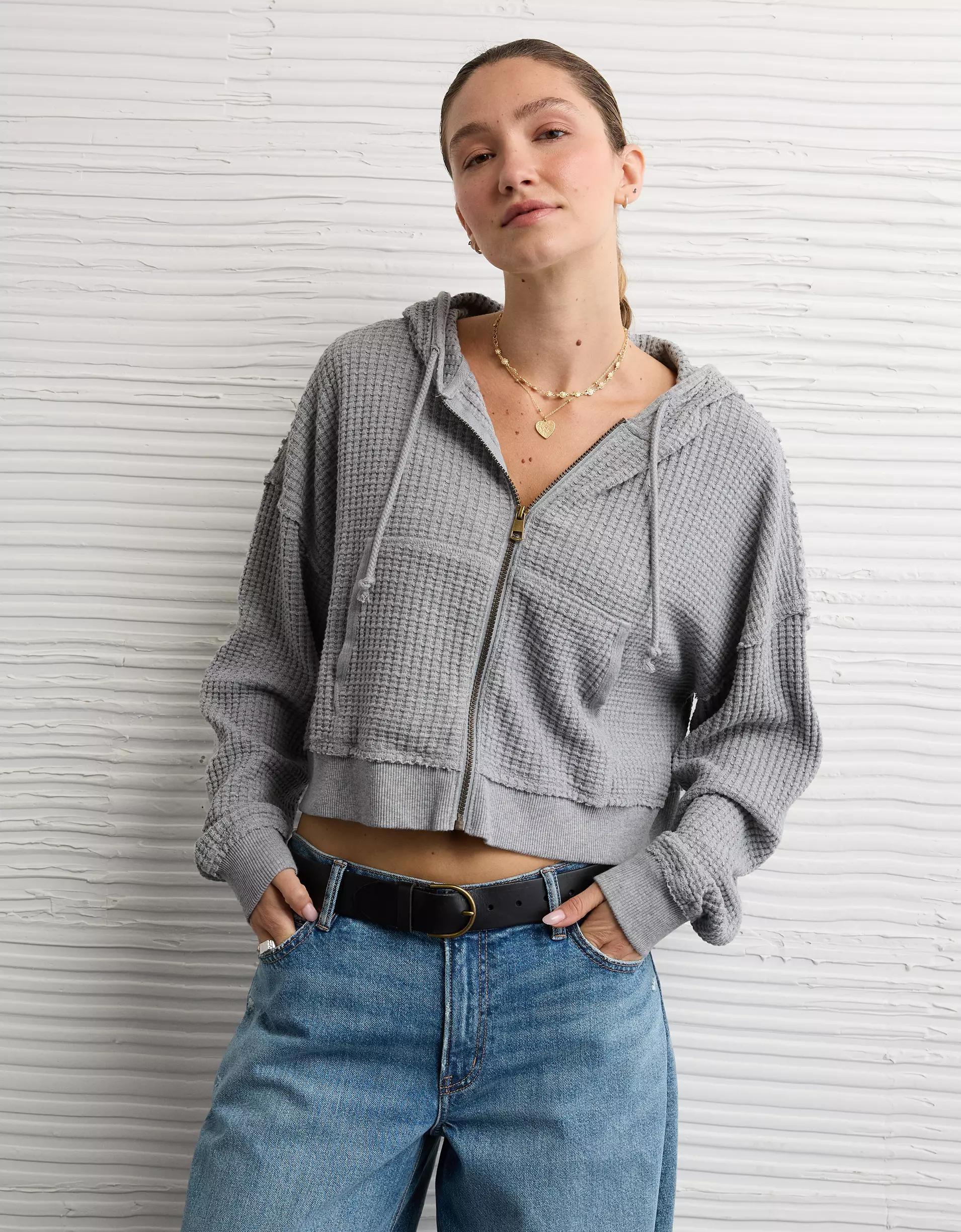 AE Cropped Waffle Zip-Up Hoodie Product Image