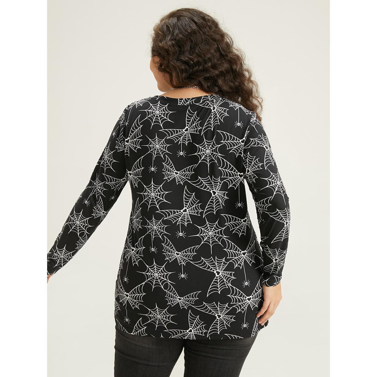 Plus Size Halloween Spider Web Print Round Neck T-shirt Black Women Casual Printed Graphic-Halloween Round Neck Festival-Halloween T-shirts BloomChic 18-20/2X Product Image