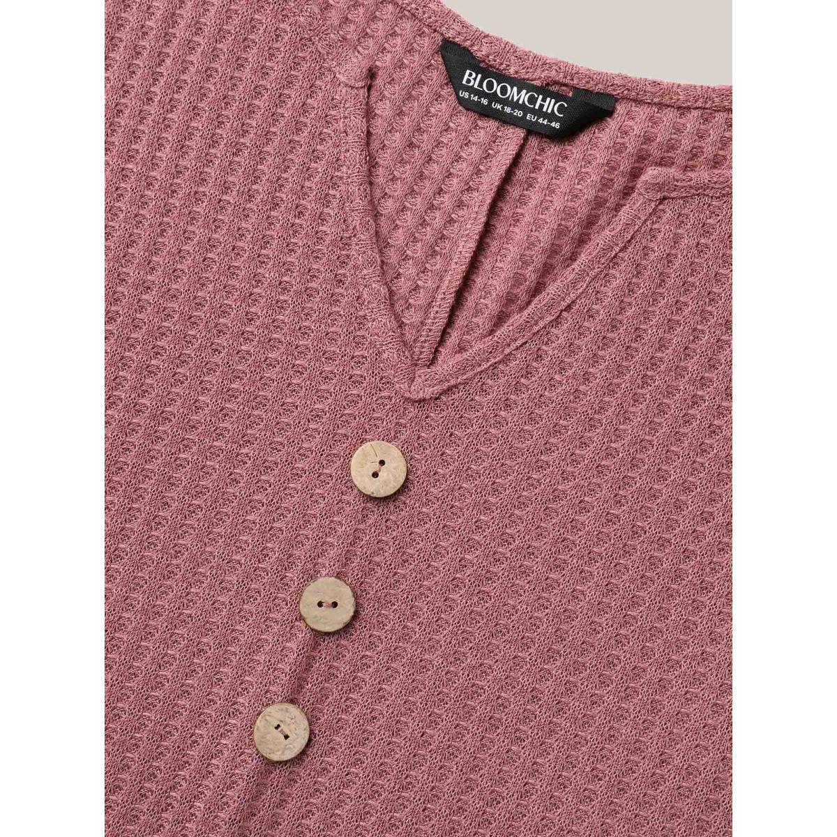 Plus Size Waffle Knit Stretchy Button Split Neck T-Shirt DustyPink Women Casual Texture Flat collar with V-notch Everyday T-shirts BloomChic 28/5X Product Image