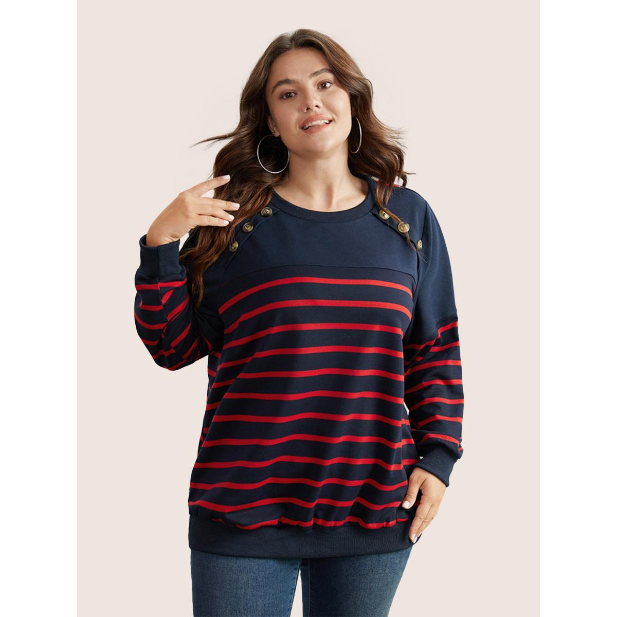 Plus Size Striped Patchwork Button Detail Sweatshirt Women Midnight Casual Non Round Neck Everyday Sweatshirts BloomChic 18-20/2X Product Image