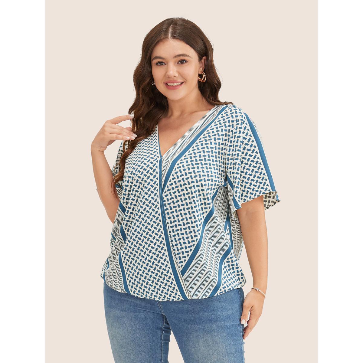 Plus Size Aegean Geometric Contrast Ruffle Sleeve Wrap Blouse Women Resort Short sleeve Overlap Collar Vacation Blouses BloomChic 28/5X Product Image