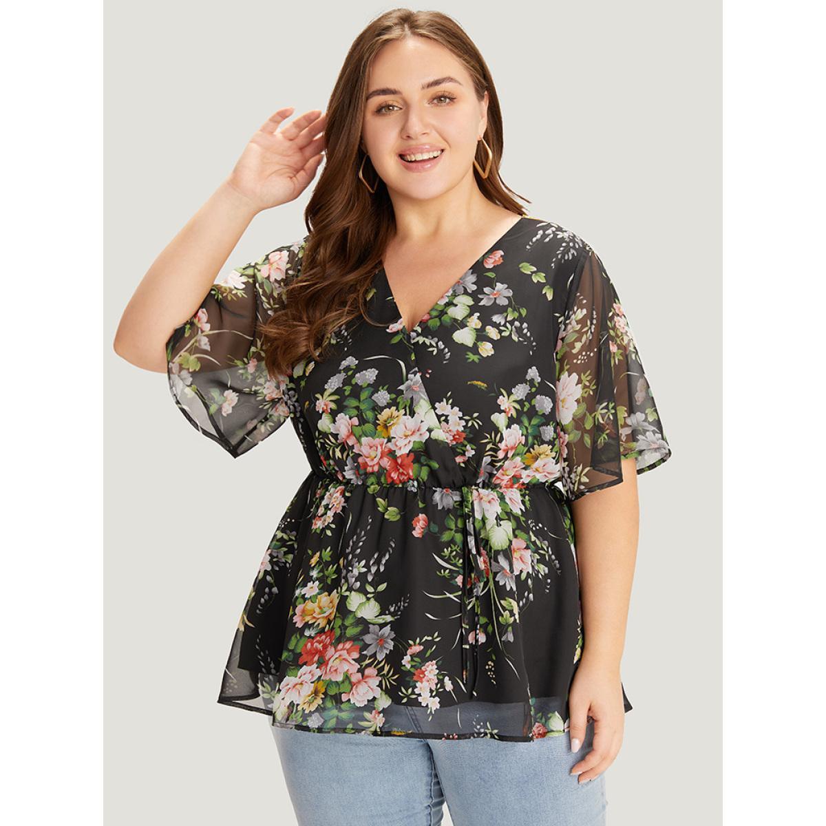 Plus Size BlackFlower Floral Wrap Mesh Sleeve Blouse Women Elegant Half Sleeve V-neck Dailywear Blouses BloomChic 28/5X Product Image
