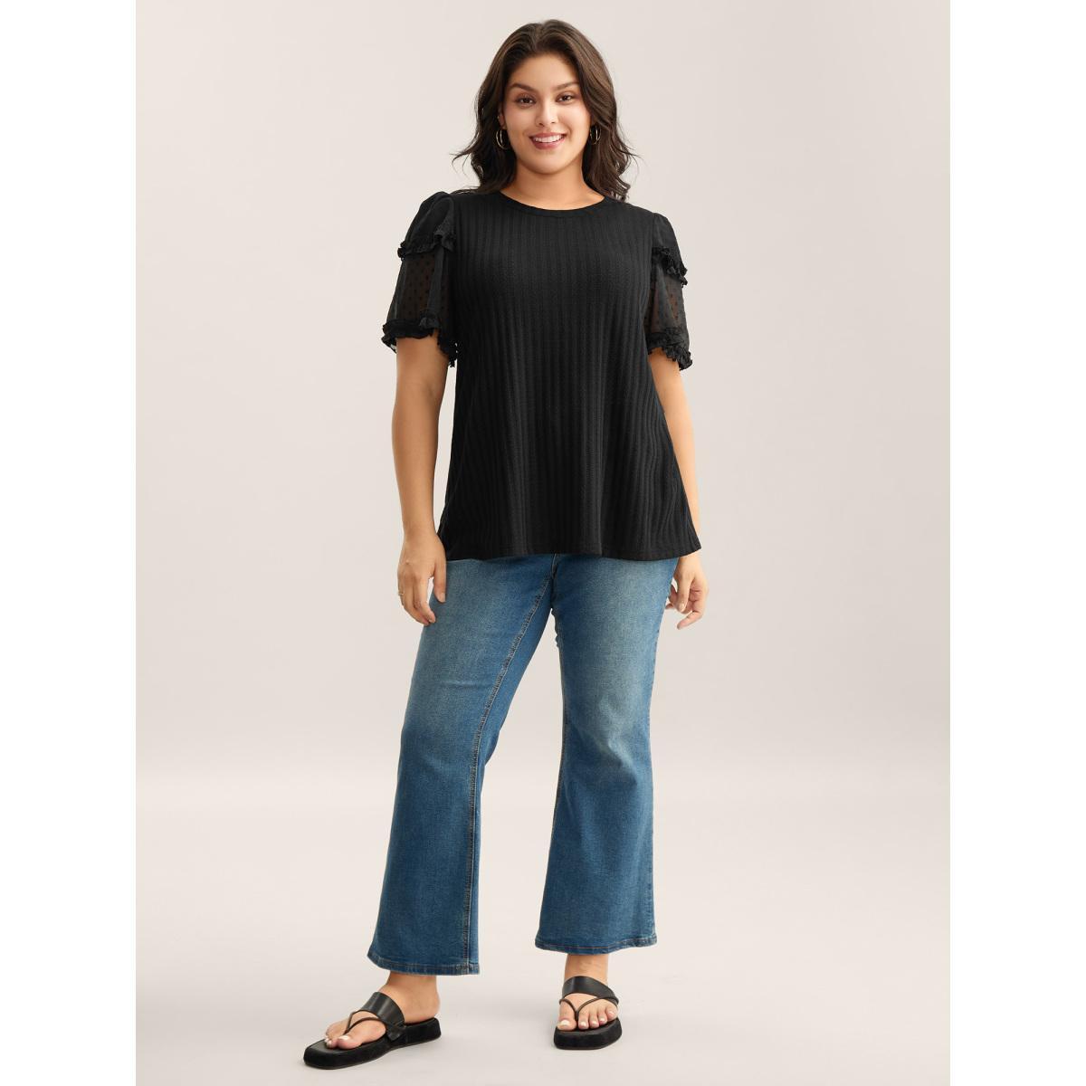 Plus Size Textured Pit Strip Layered Sleeve Sheer T-Shirt Black Women Texture Round Neck Everyday-Casual T-shirts BloomChic 30/6X Product Image