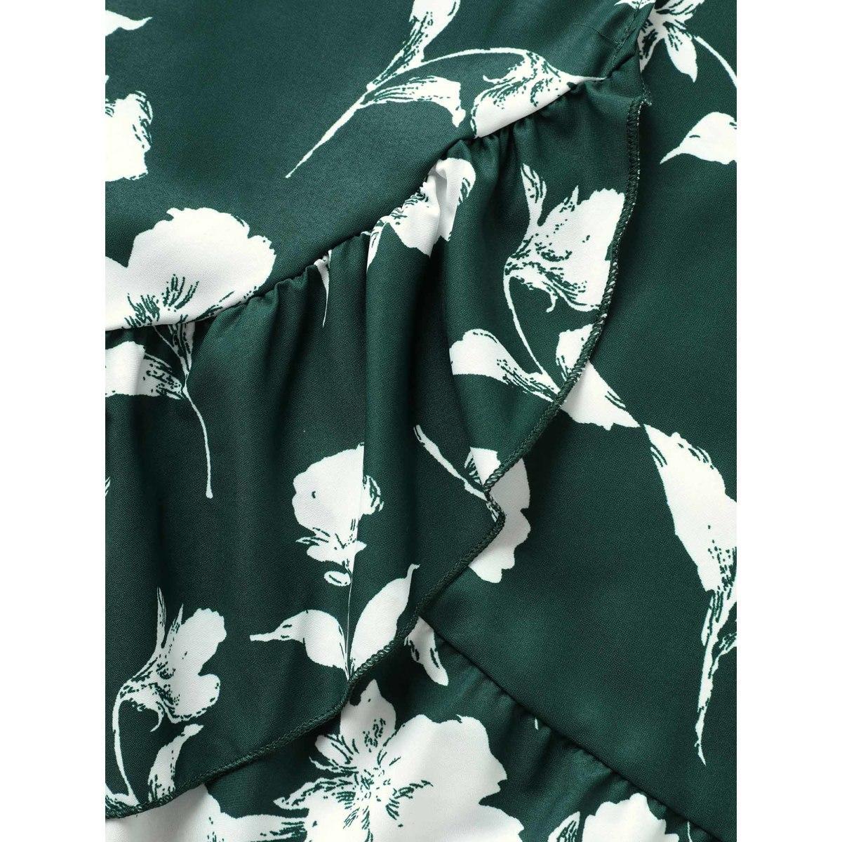 Plus Size Floral Ruffle Knot Side Wrap Dress DarkGreen Women Elegant Ruffles V-neck Short sleeve Curvy Midi Dress BloomChic 18/2X Product Image