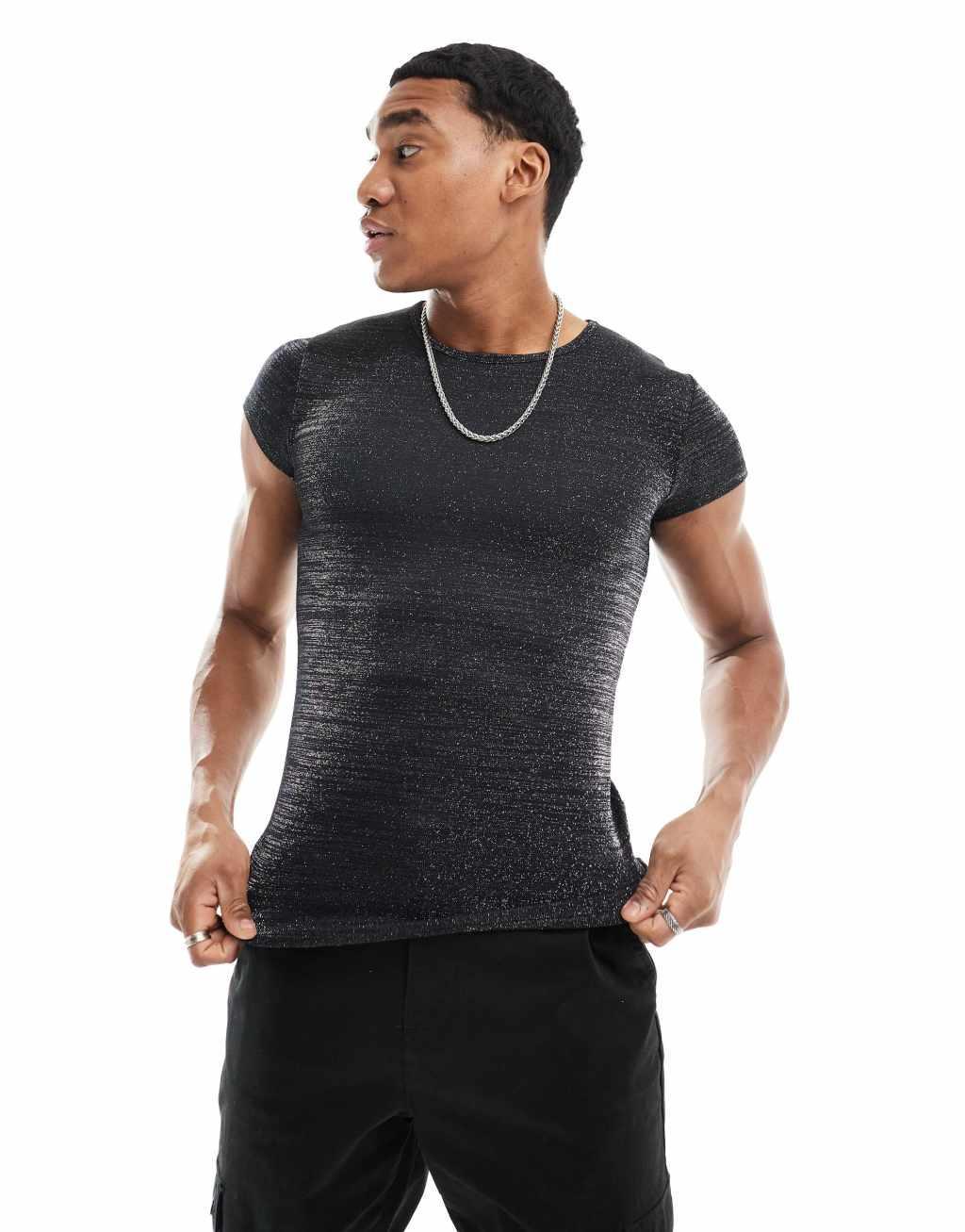 ASOS DESIGN muscle fit T-shirt in glitter fabric Product Image