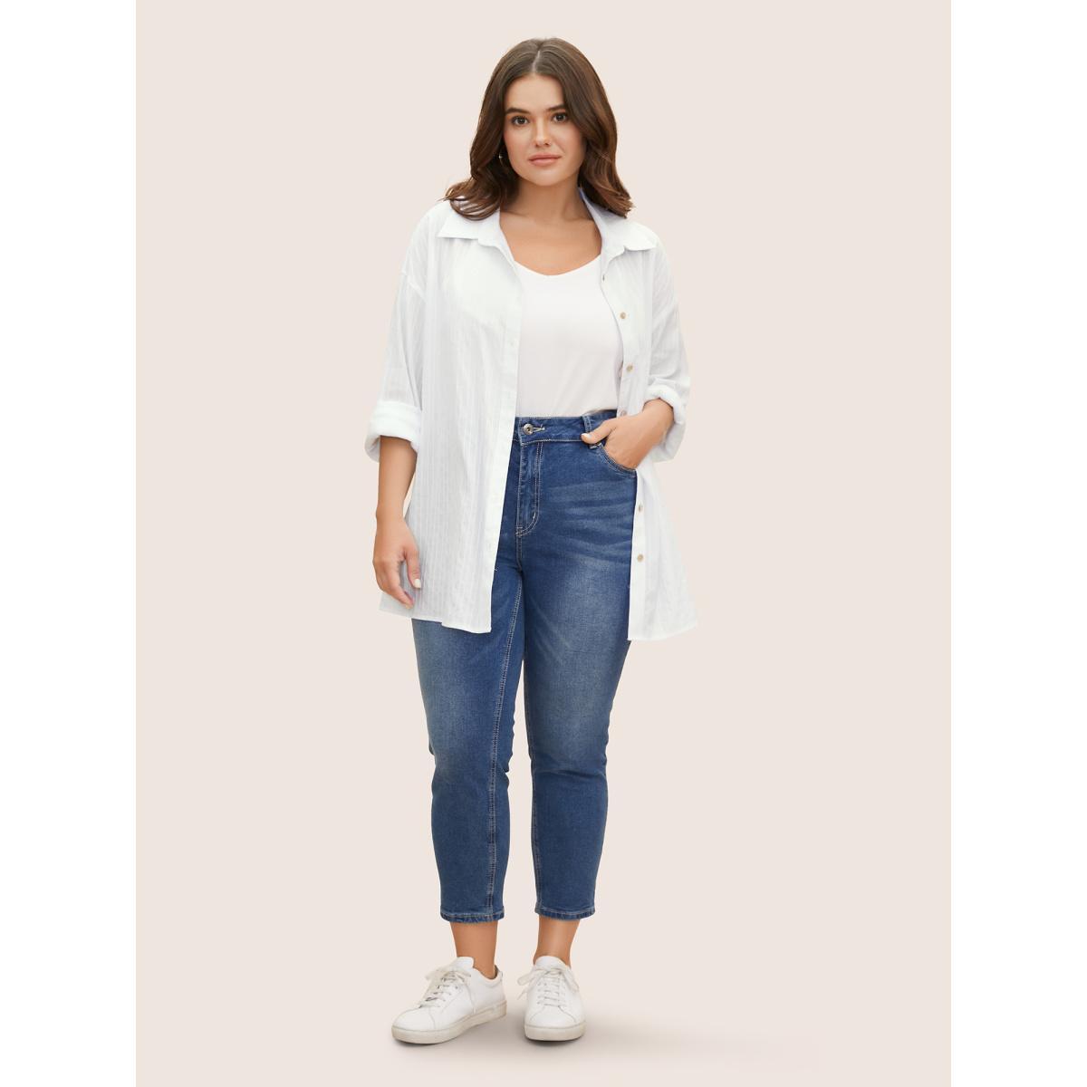 Plus Size Originalwhite Texture Shirt Collar Drop Shoulder Sleeve Blouse Women Casual Long Sleeve Shirt collar Everyday Blouses BloomChic 30/6X Product Image