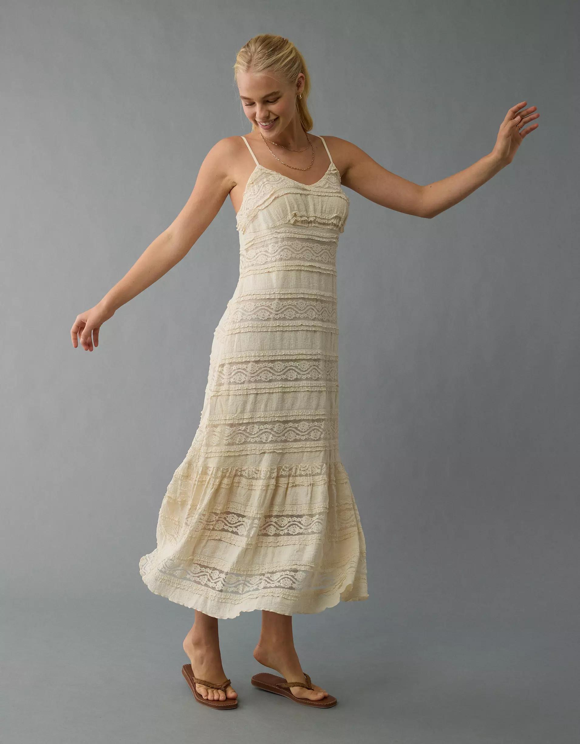 AE Lace V-Neck Tiered Midi Dress Product Image