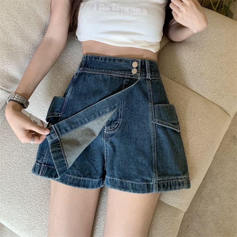 High Waist Asymmetrical Washed Denim Skort Product Image