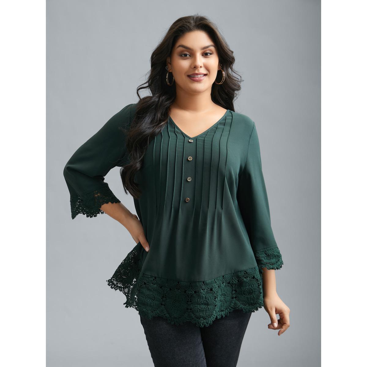 Plus Size DarkGreen V Neck Plicated Detail Contrast Lace Blouse Women Casual Elbow-length sleeve V-neck Everyday Blouses BloomChic 12/L Product Image